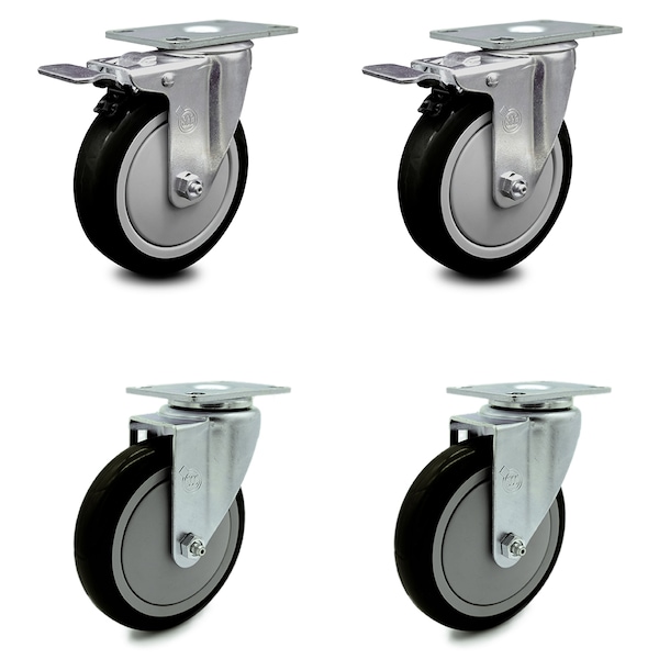 5 Inch Black Polyurethane Wheel Swivel Top Plate Caster Total Lock Brakes, 2PK